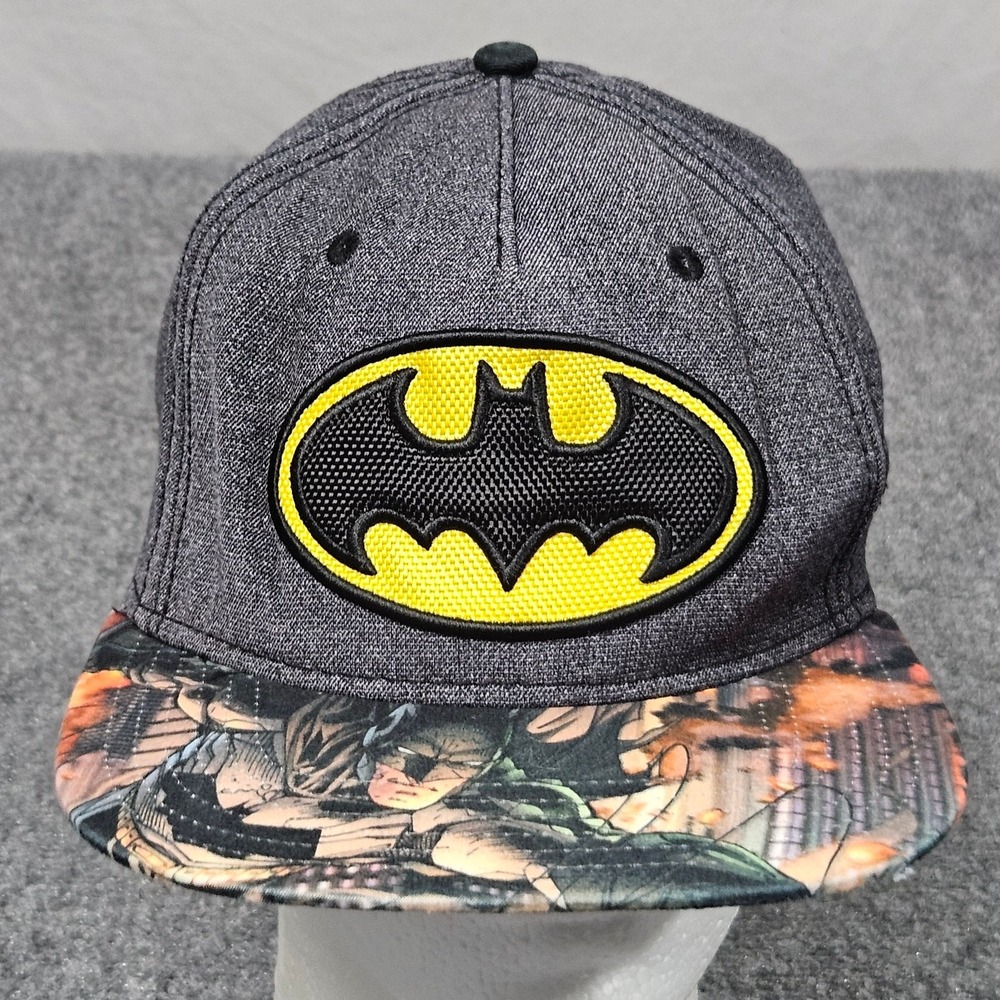 Batman Snapback Hat Mens Gray Comic Graphic Brim DC Comics Cap Skater Grunge